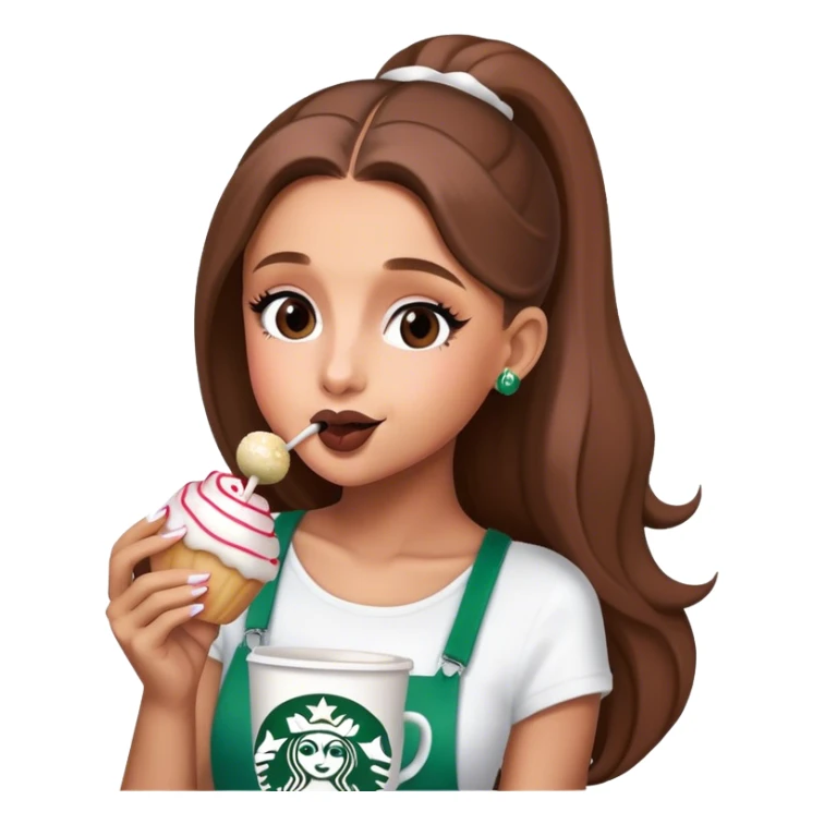 Ariana Grande drinking a Starbucks cup and eating a cake pop sticker