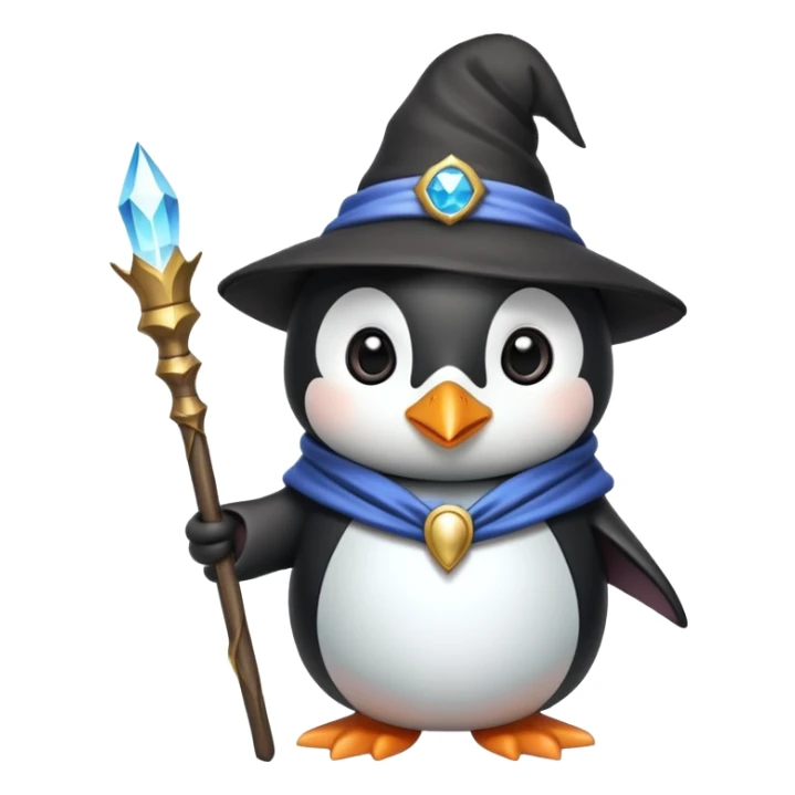 cute penguin wizard with a magical staff and a pointy hat sticker