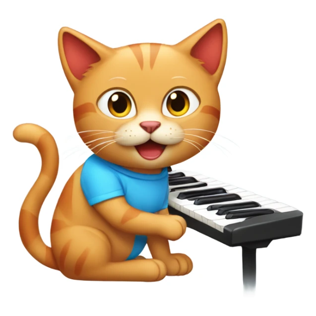 tan-red cat wearing a light-blue t-shirt taps musical keyboard sticker