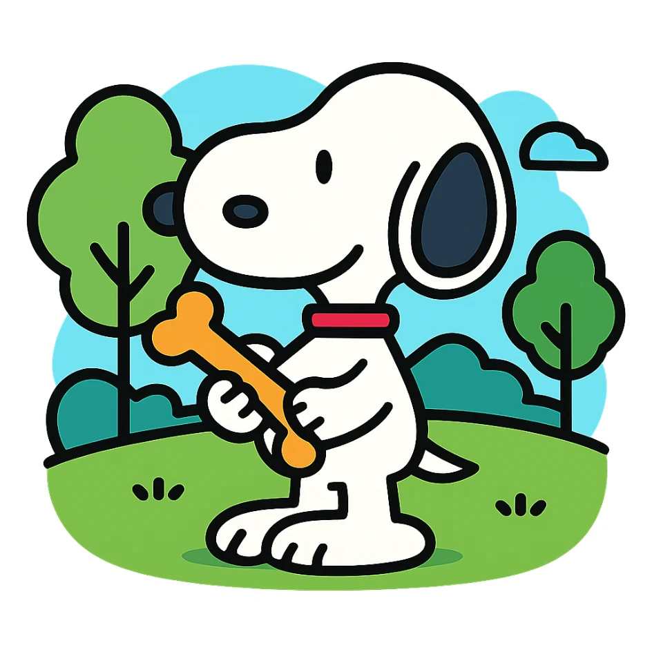 Snoopy, outlined and colorful, holding a bone, with a park background sticker