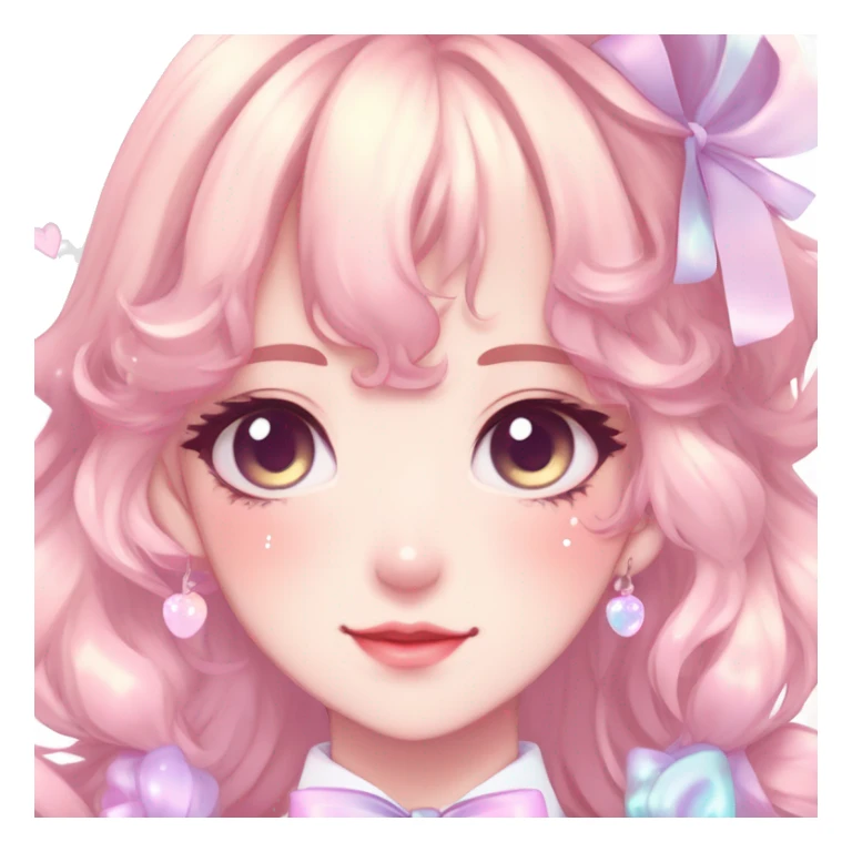 Gorgeous pastel anime style lady with blushing face with sparkly bow tie idol model cottagecore fairycore pastelcore shiny colorful pearly petite simplistic aesthetic trending style sticker