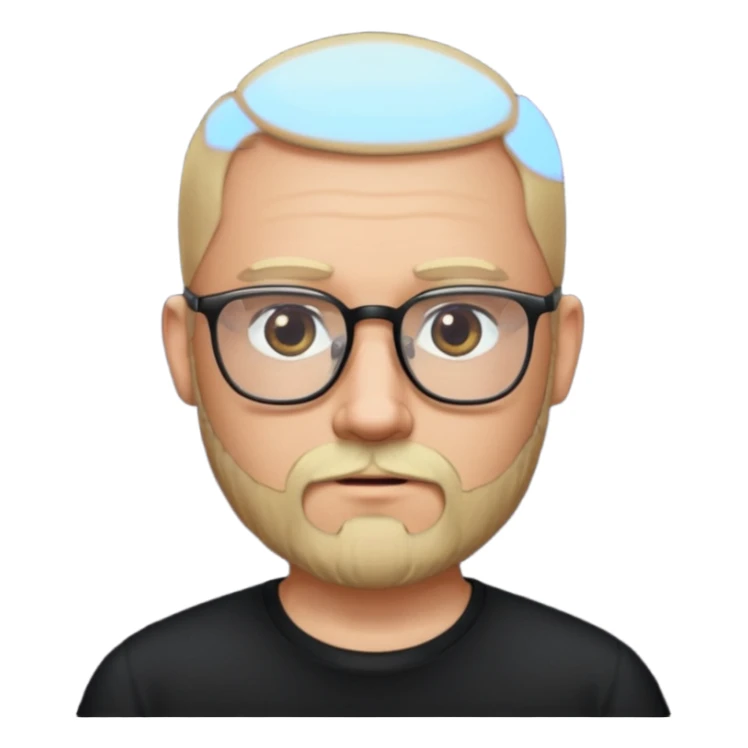 bald bearded blonde bald man with eyeglasses with black shirt sticker