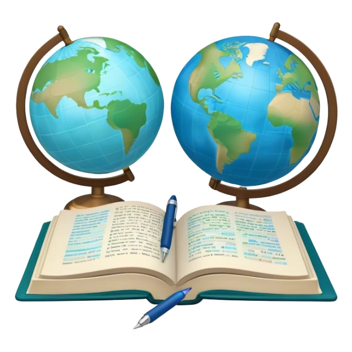 Create an emoji representing language translation. The design should feature a single globe in the background, symbolizing international communication. In front of the globe, place two opened books, with texts in it and a pen nearby to indicate the act of writing and vocabulary. Use a clean and professional color palette with blues, greens, and neutral tones. Do not include any emojis or smiley faces. Make the background transparent sticker