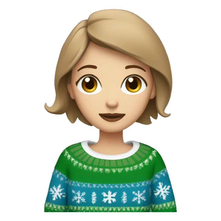 Light brown short haired girl with green eyes drinking coffee wearing blue Christmas sweater sticker