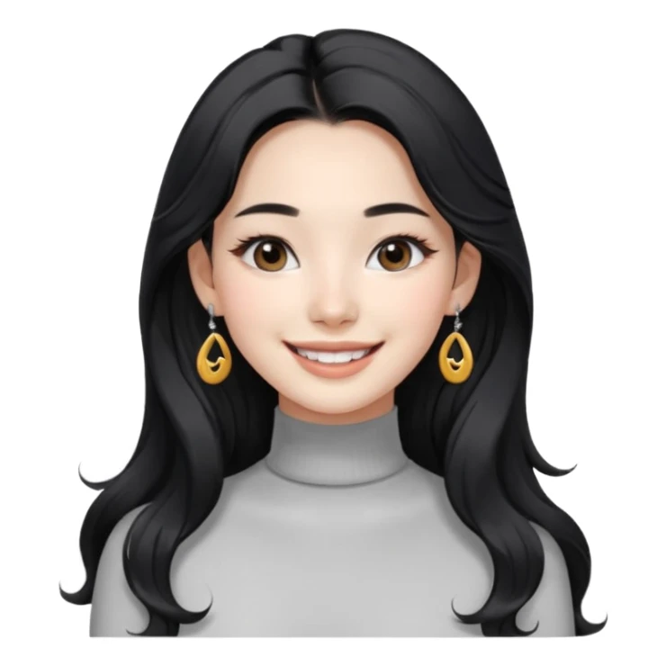 Korean 24-year-old female online shopping mall seller / white face / earrings / smiling expression / long wavy hair / influencer vibe / fashionable / black hair / silver earrings / skinny white turtleneck sticker