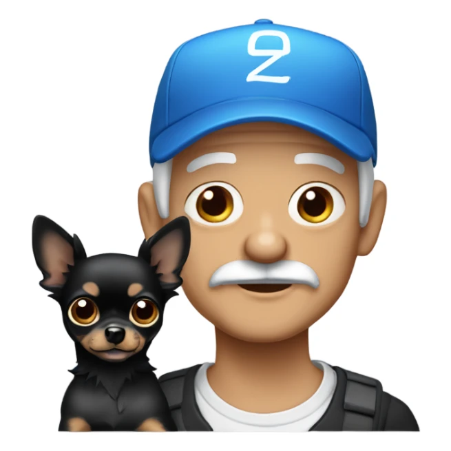 Old man blue eyes with goatee in ball cap holding black long haired chihuahua  sticker