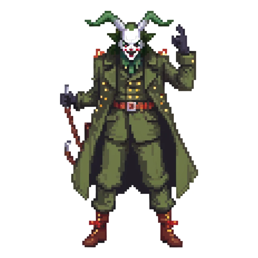 evil clown soldier, bald, black horns on forehead, fangs, pointed ears, eye patch over one eye, long coat over black and military green clothes with bellbottom pants, tail, holding a different style of whip, realistically proportioned, less bulky, full body, fighting stance sticker