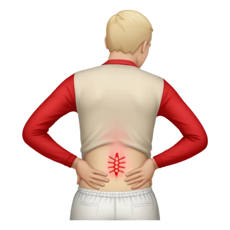 A person standing and holding their lower back in pain, with a red highlight showing the sore area. The person’s face expresses discomfort, and the background is plain white. Realistic lighting, medical concept illustration showing lower back soreness or muscle strain. sticker