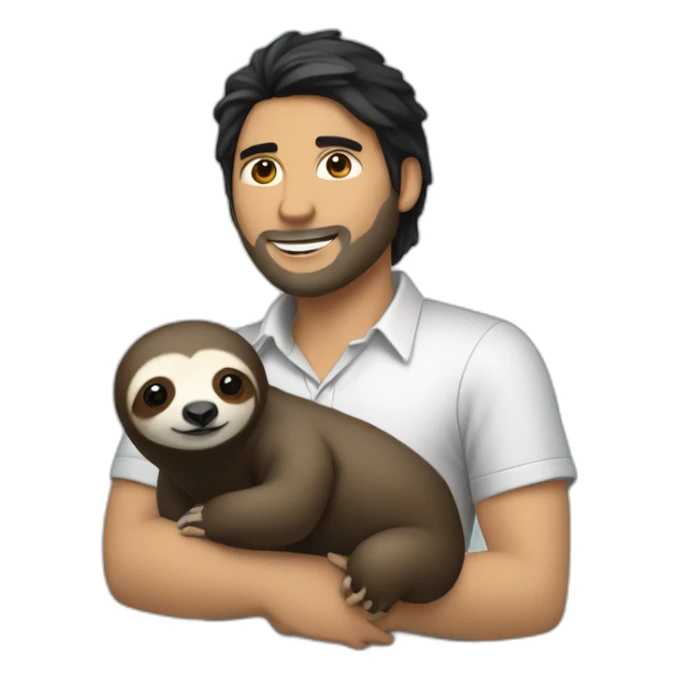 black hair pale software engineer with a sloth hanging on neck sticker