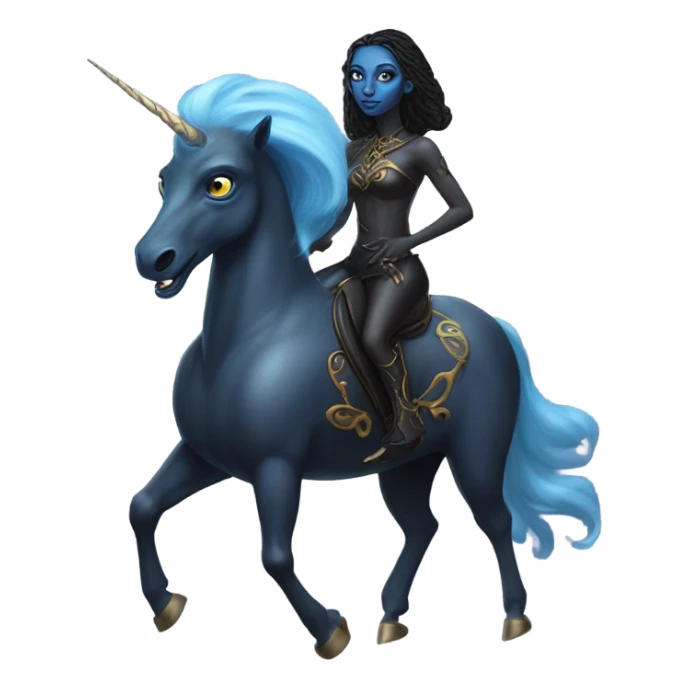 a blue amazon alien woman on a black unicorn sticker