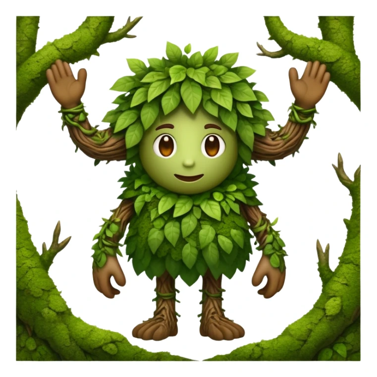 Fabulous forest creature as an emoji: body covered with green leaves and moss; branches instead of hair; arms with woody textures; powerful legs. No background sticker
