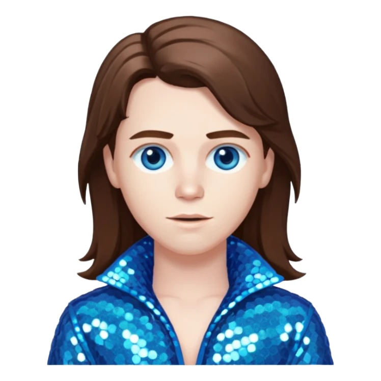 Benson Boone (b.2002), Pop Singer with blue eyes, long brown hair, icy blue sequin outfit sticker