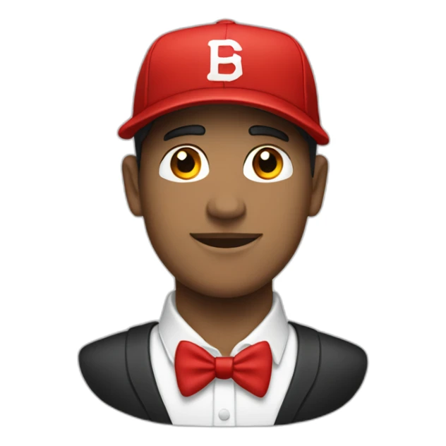 man in black baseball cap, white shirt and red tie sticker