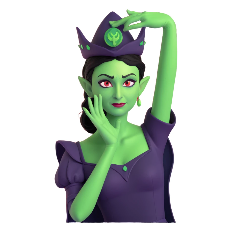 Elphaba, hand on head, waving, Ozdust Ballroom, dramatic, green skin sticker