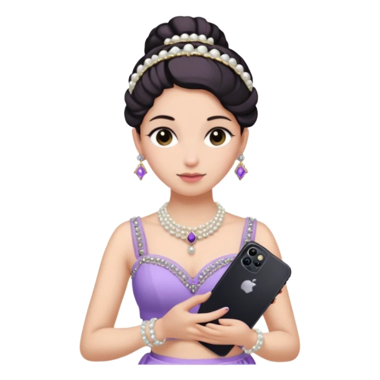 Make a girl standing in mirror in lavender lengha holding a iphone 16 pro max make her hair tie back side and a white pearl necklace  sticker