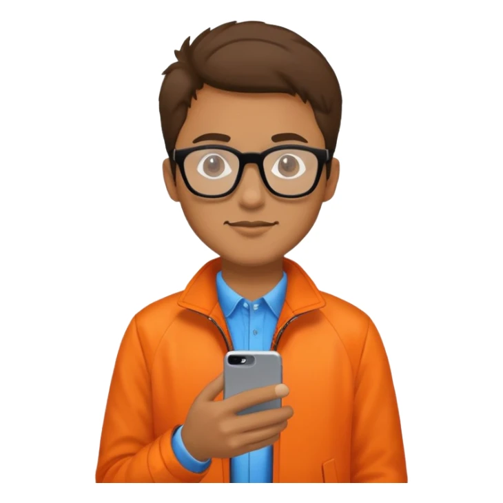A man with orange jacket wear glasses and iphone sticker