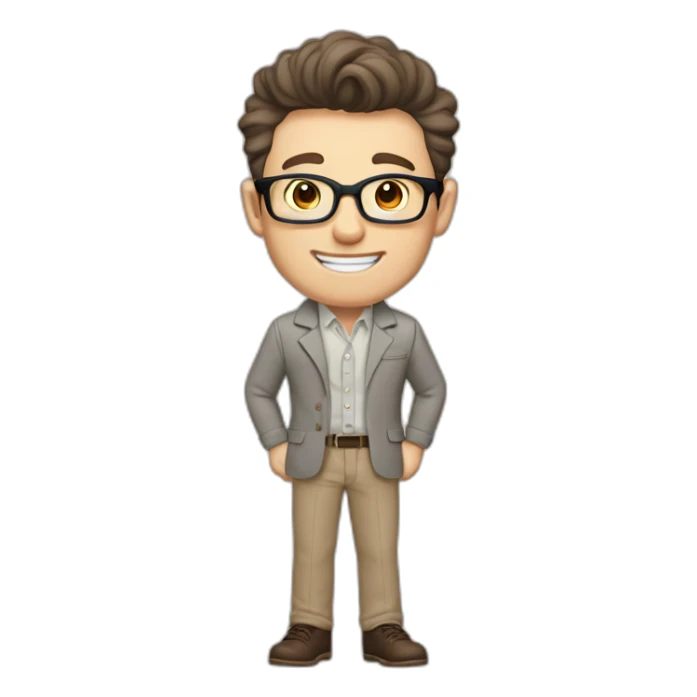 Joyful Pale skinned Fit Man With dark brown hair in gray jacket, beige office shirt, Brown pants and vintage glasses. His thrumbs up sticker
