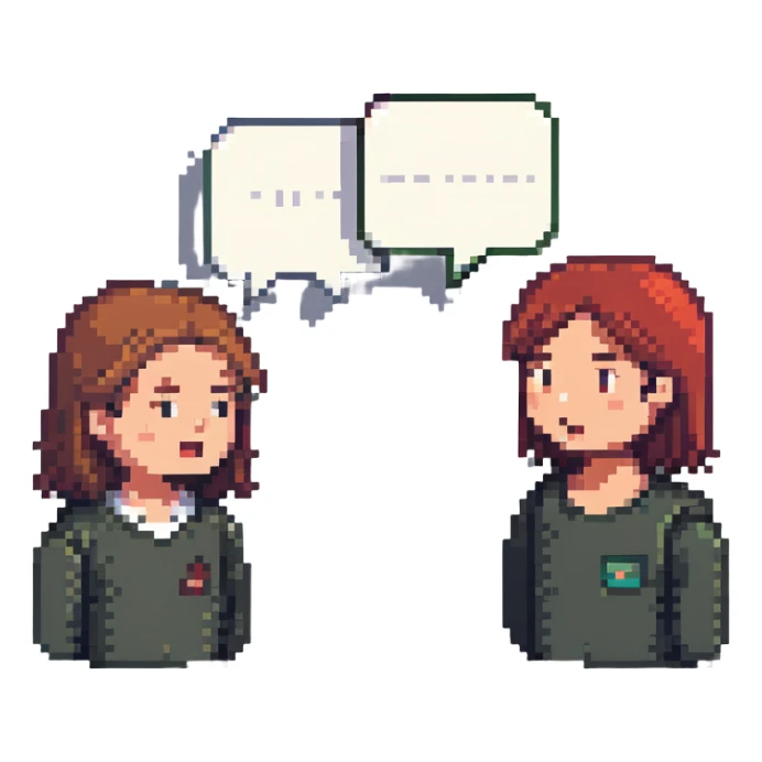 two people having a conversation, each with a speech bubble in a different language sticker