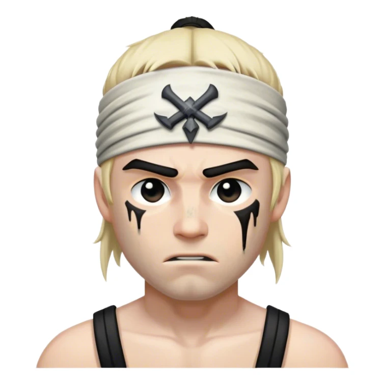 A battle-worn warrior with a black headband, sweat and dirt streaked across his pale skin sticker