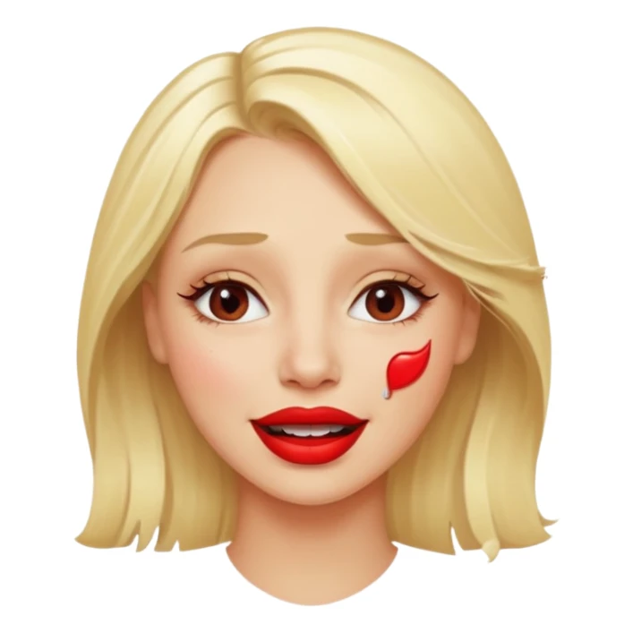 blonde having crying tears from hard laughter. really happy in general, happy eyes. red lipstick sticker
