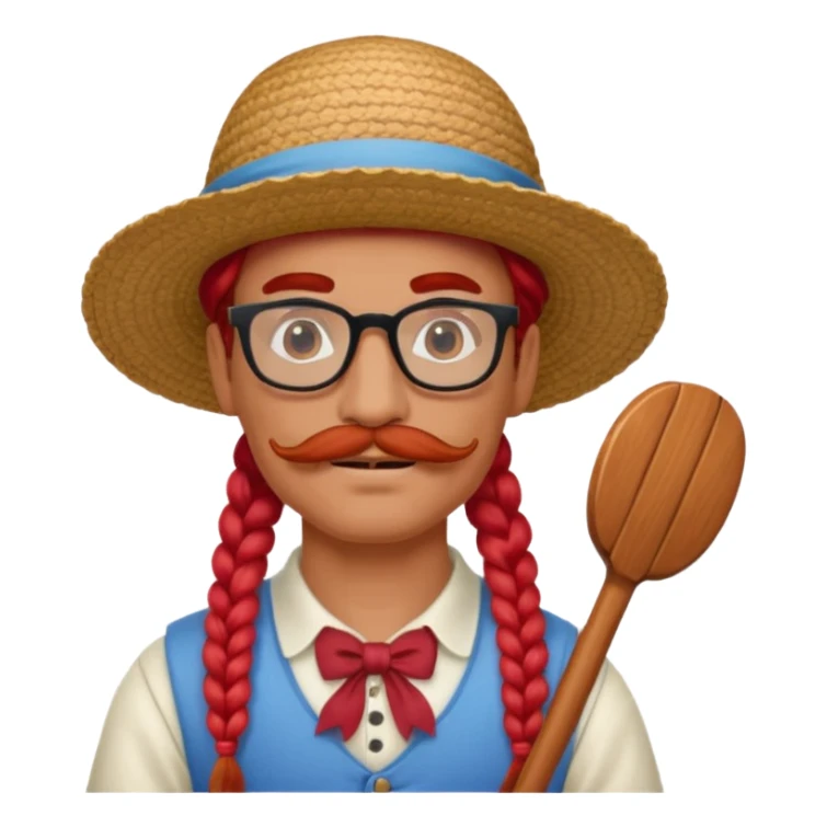 venice gondolier with long red braided hair, iconic hat, normal glassess and red mustache sticker