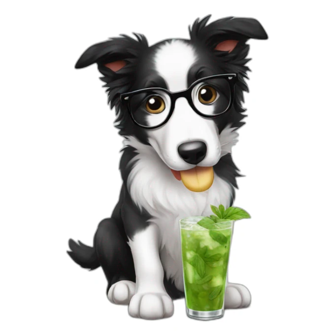 puppy border collie with glasses sniffing mojito sticker