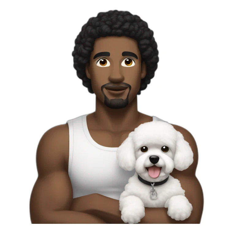 white man black hair,  rapper flexing with a bichon sticker