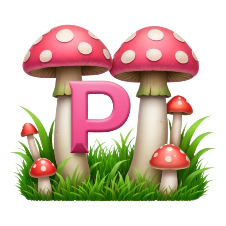 Double letter P, pink and green, with grass growing, mushrooms around sticker