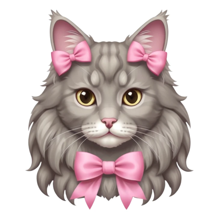 A grey Maine coon NeckWearing a pink Rococo style Bow ribbon sticker