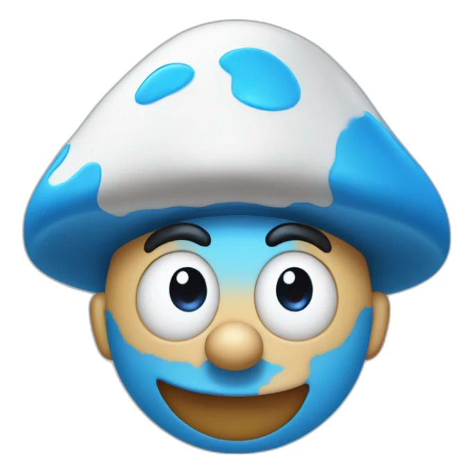 Blue smurf face with black eyes wearing a large white mushroom on his head casting a show on his face sticker