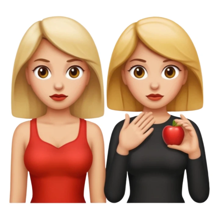two women, one rolling her eyes, the other with hands on hips, apple emoji style sticker