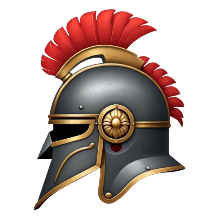 2d iron Roman Helmet facing the left, with red plumage sticker
