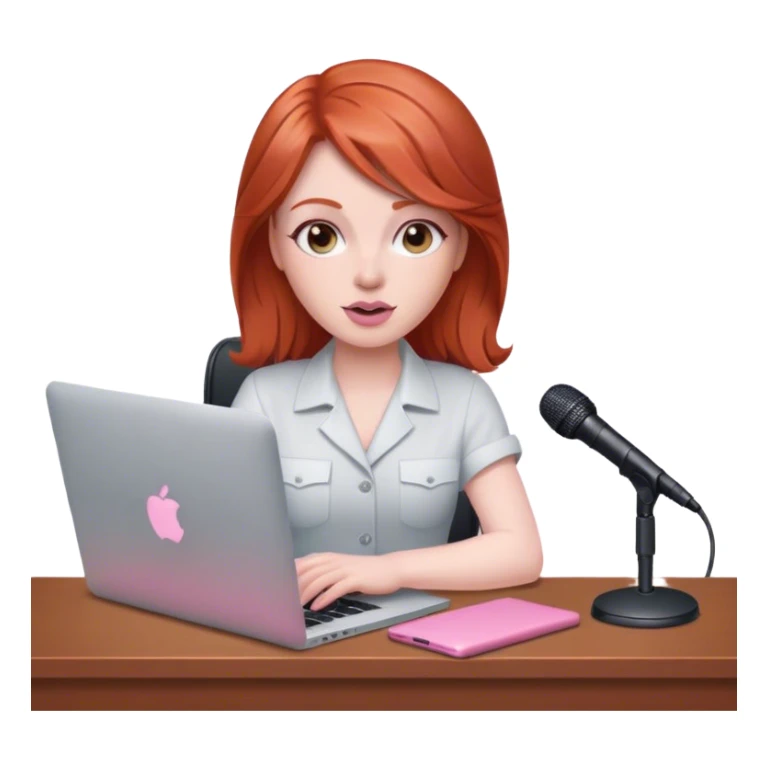 Redhead sat at desk with pink MacBook and microphone  sticker