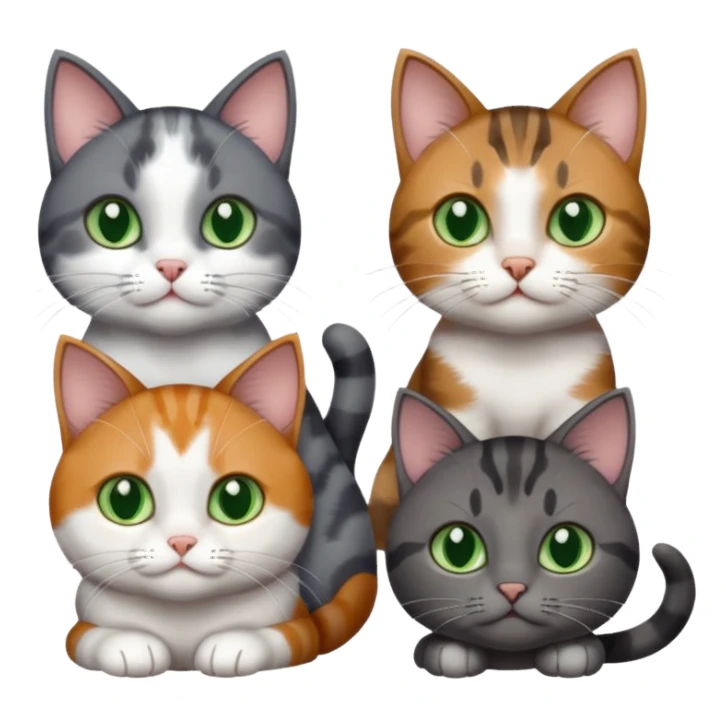 4 different coloured small cats including a dark grey and white, and a patchy calico, and a brown tabby and white,  and a completely solid dark grey with green eyes and only white paws sticker