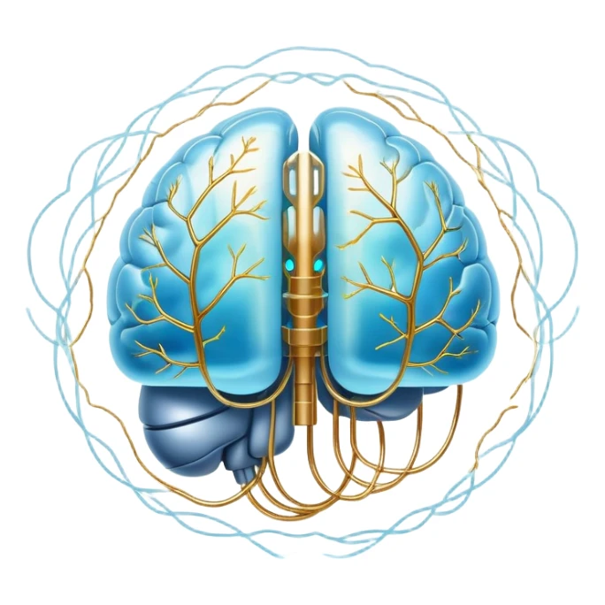 Pearlescent and light blue floating capsule suspended in front of an ethereal brain illuminated by golden electrical pulses branching into a neural network pattern, awakening lucidity. A soft light also surrounds a small liver symbol, all rotating in an aura of focus and internal connection sticker