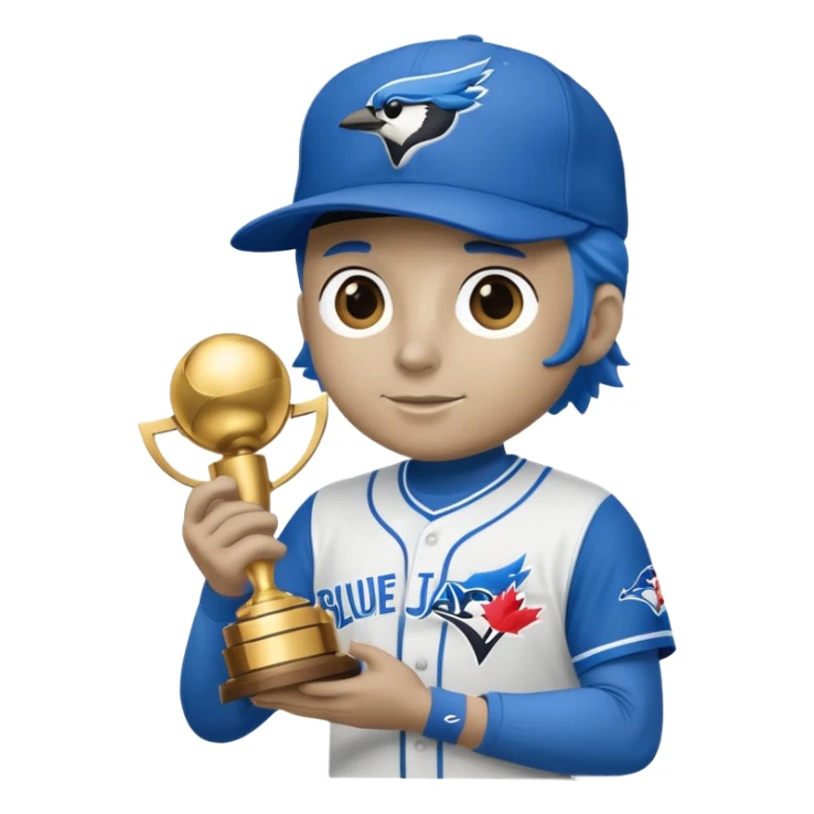 blue jay wearing bluejays MLB baseball cap, holding trophy 🏆 over his head sticker