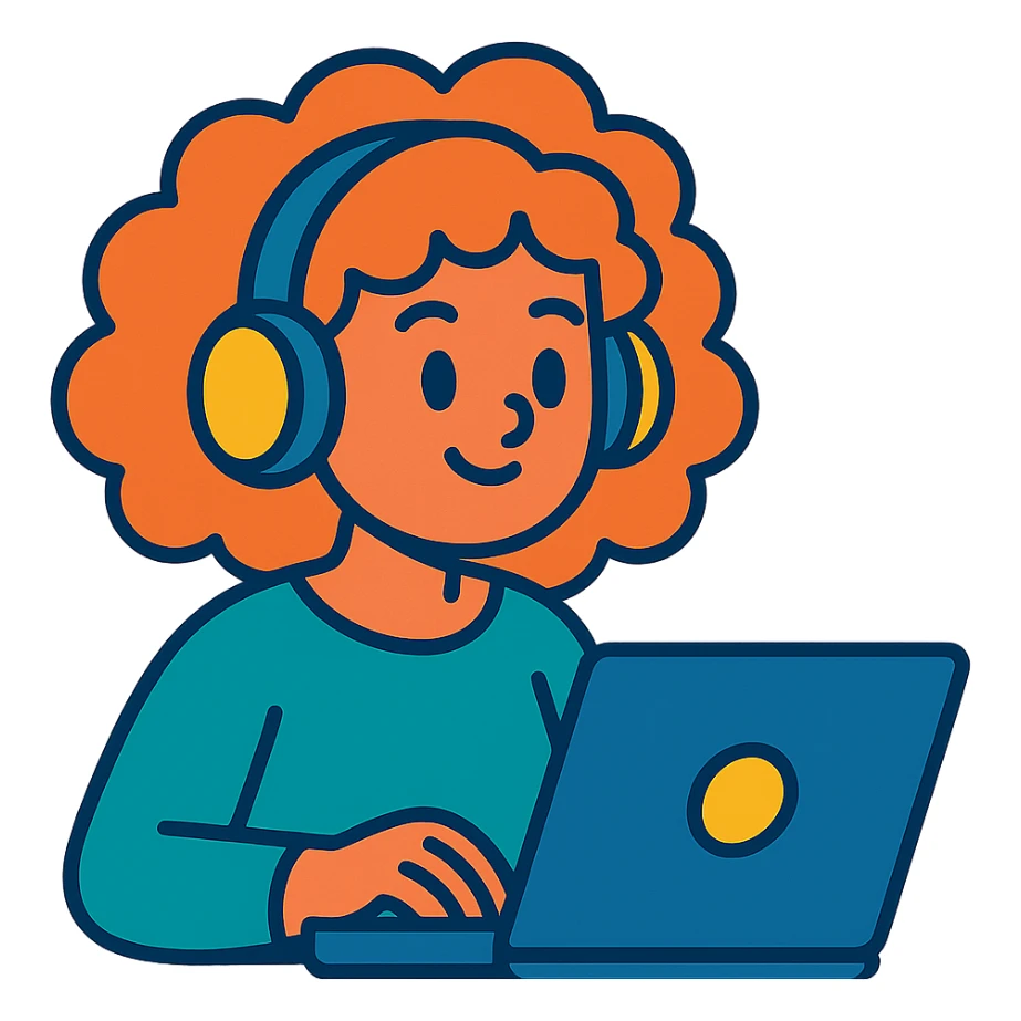 vibrant toon style curly hair girl with headphones and a laptop sticker