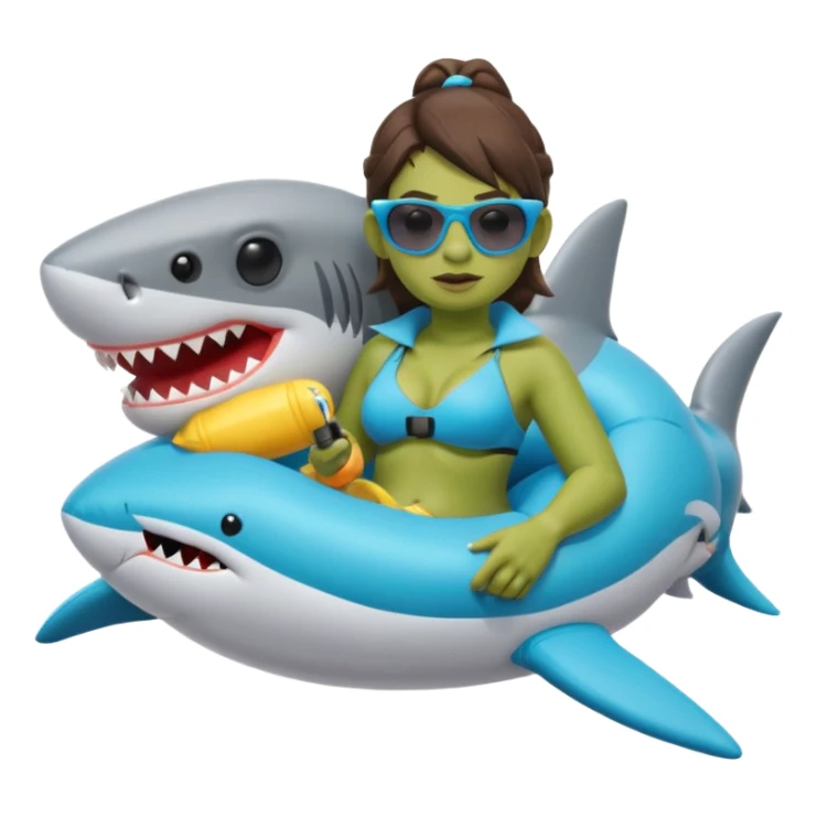 orc female sitting in an inflatable floatie shaped like a shark, wearing oversized sunglasses and a whistle on a neck cord, 2d sticker