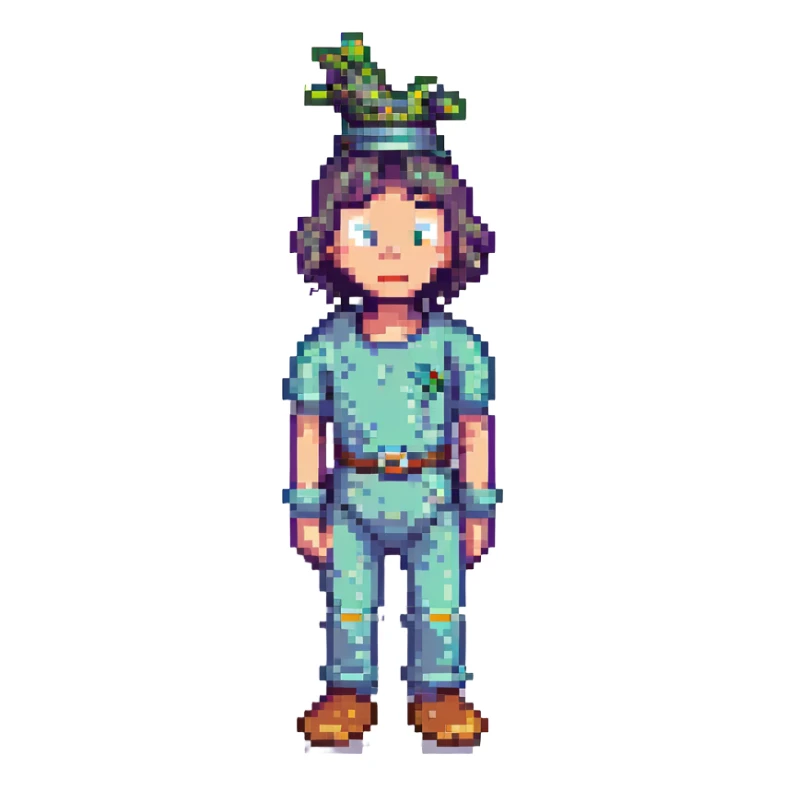 goofy character, pixel art style, silly pose, bright palette sticker