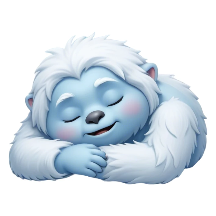 Meme-Worthy Cute Sleeping Yeti Portrait Emoji, with a charming, fluffy, snow-dusted figure in gentle whites and cool blues, head resting in blissful, serene slumber with closed, peaceful eyes and a small, contented smile, simplified yet irresistibly adorable, highly detailed with a soft frosty outline that captures the tender drowsiness of a yeti drifting into snowy dreams! sticker