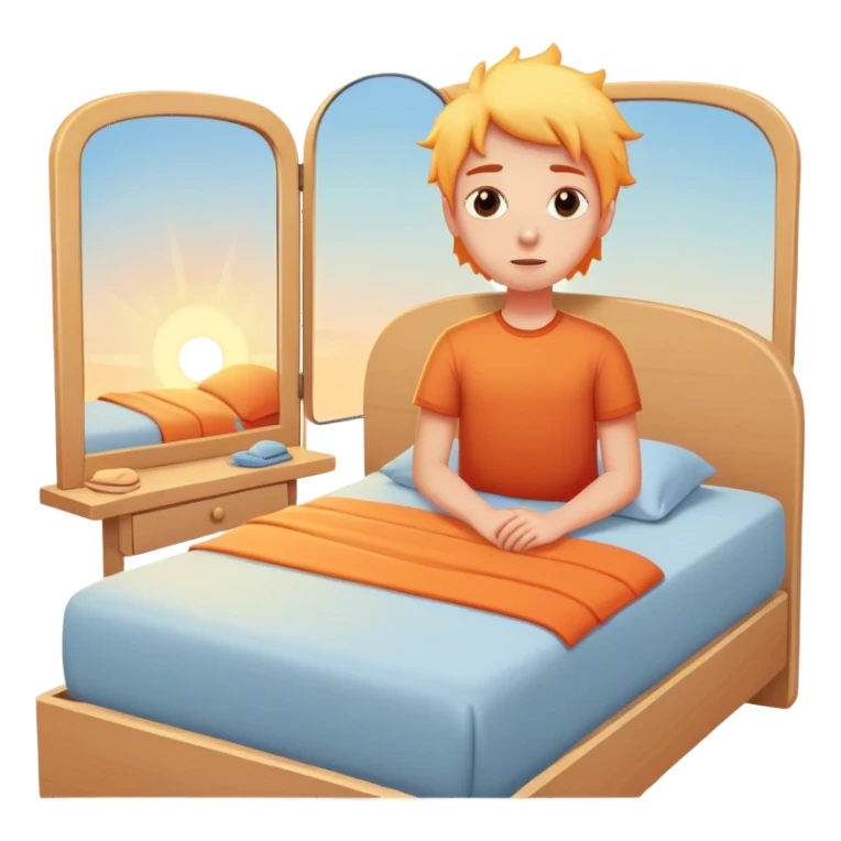 A person stands beside their bed, rolling out groggily with determination. The bed behind them is neatly made, a mirror in front of them . A glowing sunrise outside signals the start of a productive day. sticker