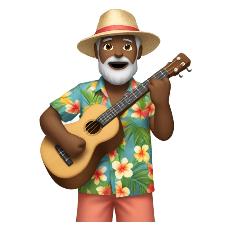 Hawaiian dark-skinned man playing ukulele 57 years old wearing Hawaiian shirt shorts beard with gray hair and hat sticker