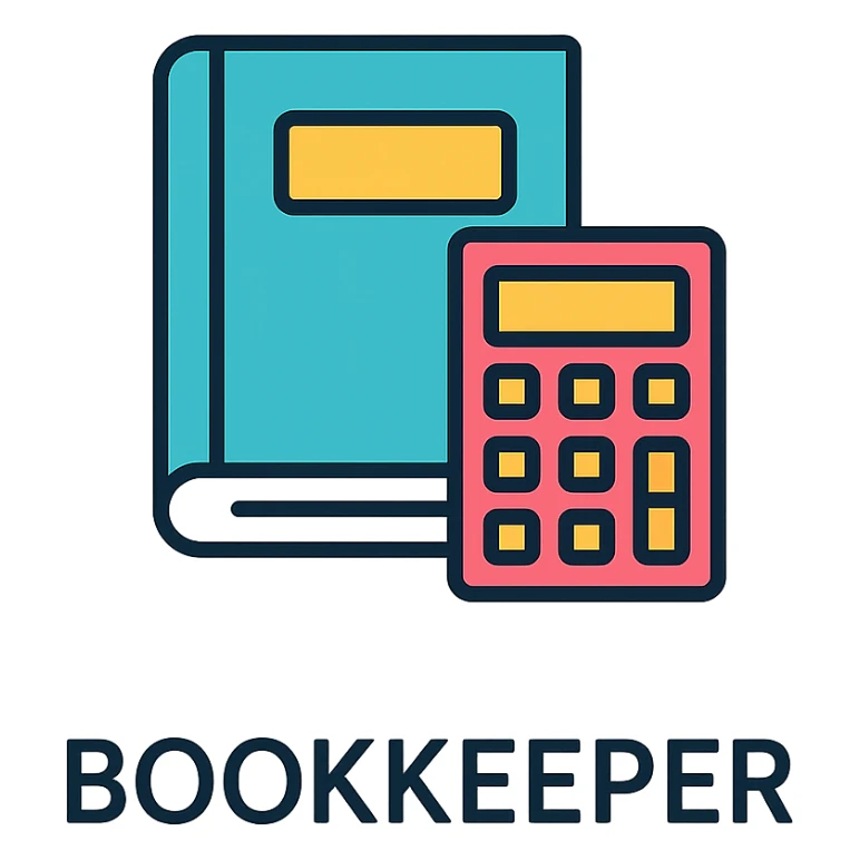 the word BOOKKEEPER in a clear and creative lineal color icon style with black outlines, suitable for a logo or icon sticker