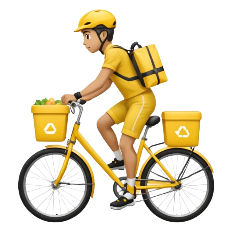 A courier on a yellow bicycle, wearing yellow and black clothes rides from left to right. On the back of the courier is a yellow food delivery bag sticker