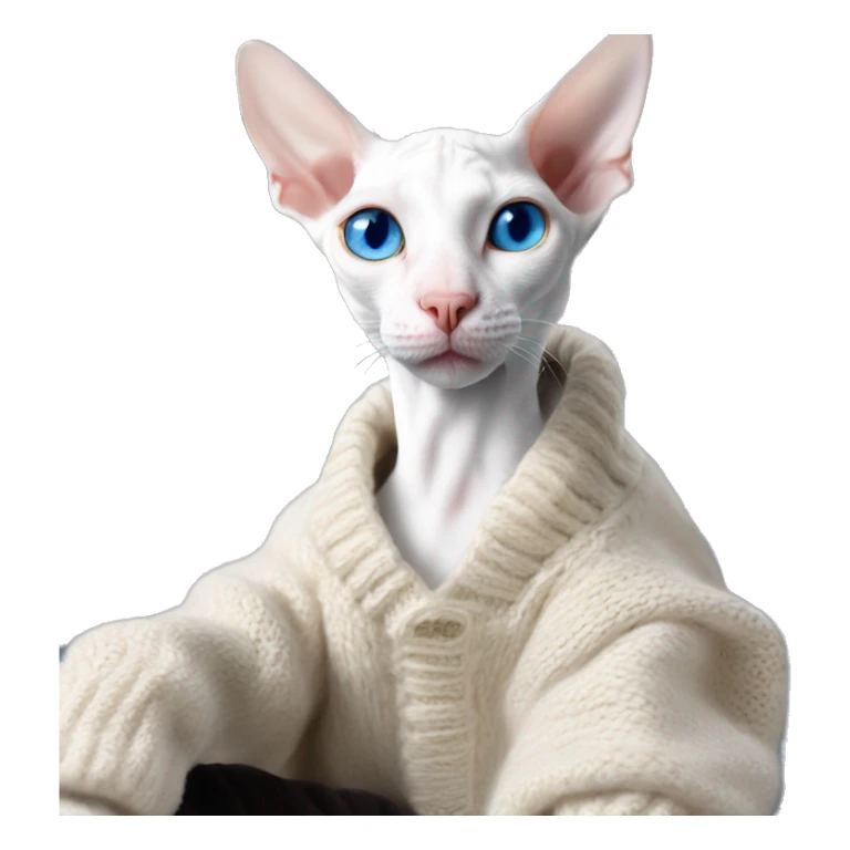 A white Cornish Rex cat with blue eyes sits on a warm sweater sticker