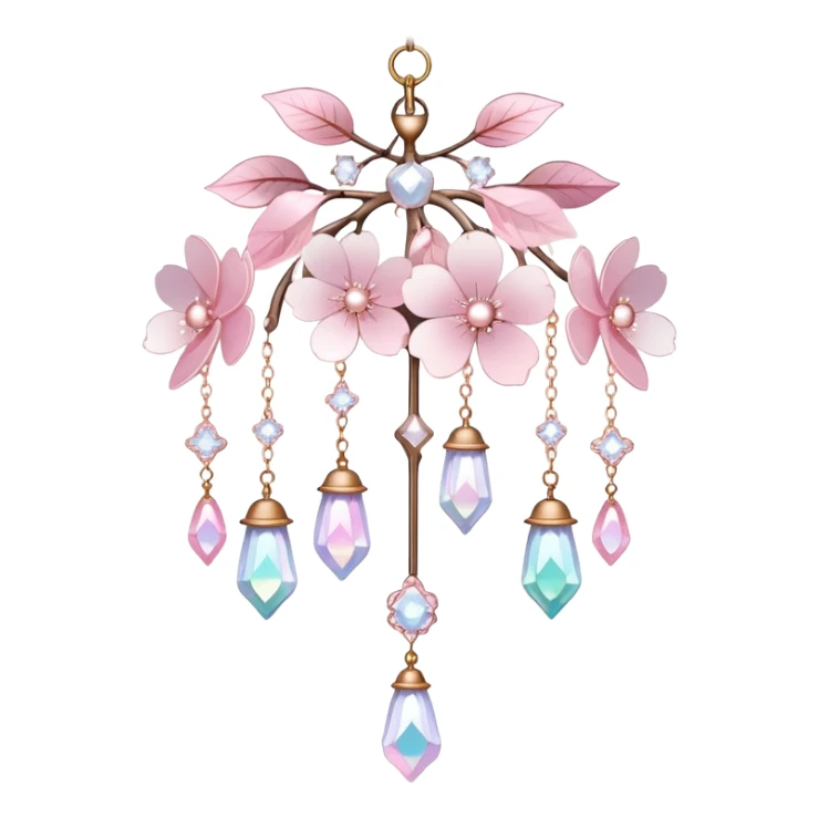 Hanging Iridescent pastel pink sakura crystals white-pearly suncatcher with bell CHANDELIER sticker