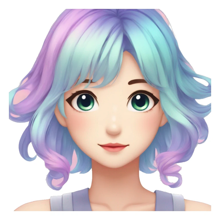 Gorgeous anime style shojo character with blushing face aesthetic and pretty colorful shiny gradient pastel hair with hair garment trending style sticker