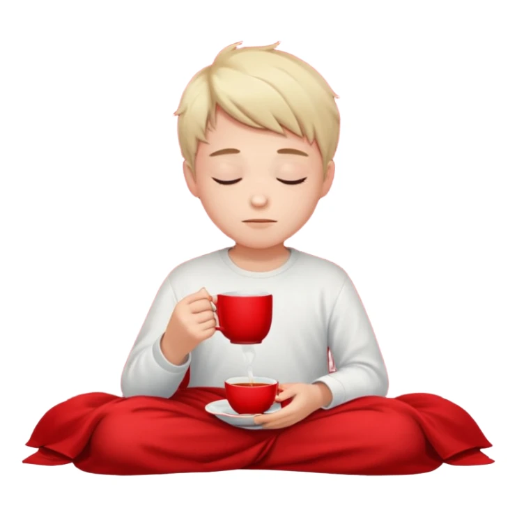 A European boy is sitting comfortably under a blanket, wrapped in a red blanket, drinking tea with his eyes closed. sticker