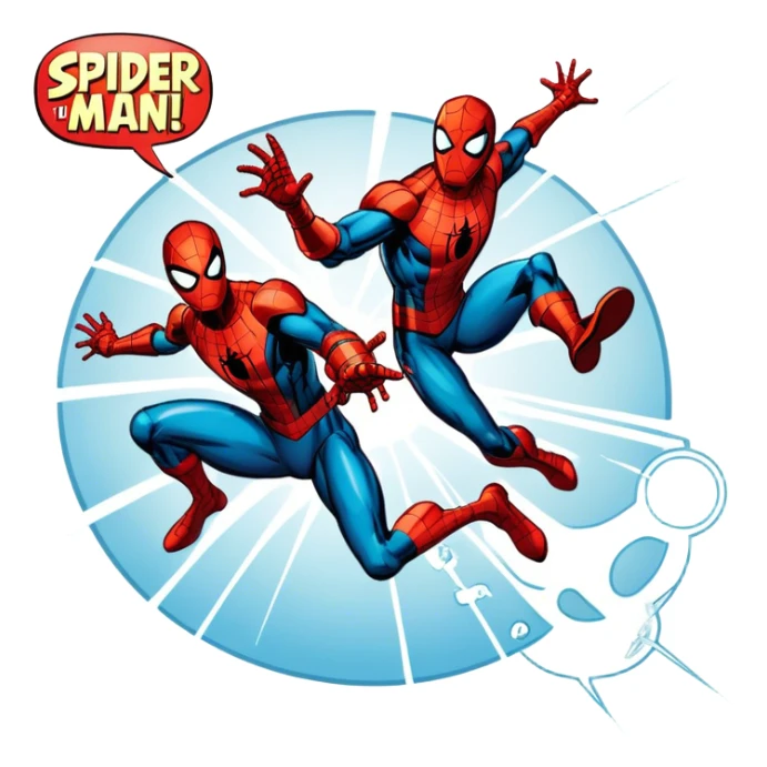 Icon for Vintage Comics and Manga: an open comic book with retro Marvel-style artwork, featuring iconic superheroes like Spider-Man and Iron Man, with speech bubbles and action lines. The icon should capture the dynamic and colorful nature of classic comics and manga. Transparent background. sticker