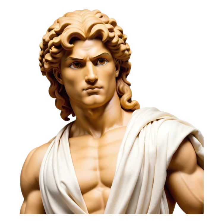 Cinematic Realistic Hercules Portrait, head tilted playfully and inquisitively, showcasing a blend of legendary power and youthful charm with the refined features of Michelangelo's David. His light tan, sculpted skin and thick, curly, golden brown hair—styled with wild majesty—evoke the spirit of the lion-wrestling Hercules. Clad in a softly draped white robe with subtle golden details and adorned with a Greek laurel wreath, his expressive eyes and warm smile capture an approachable yet formidable hero, bathed in gentle natural lighting. sticker